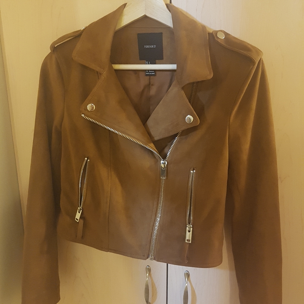 Brown faux suede moto jacket